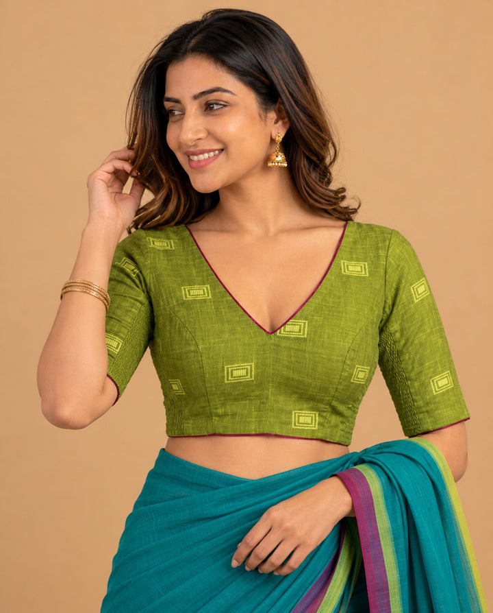 2-in-1 Reversible Stretchable V-Neck Art Silk & Cotton Blouse with Elbow Sleeves - Olive & Purple