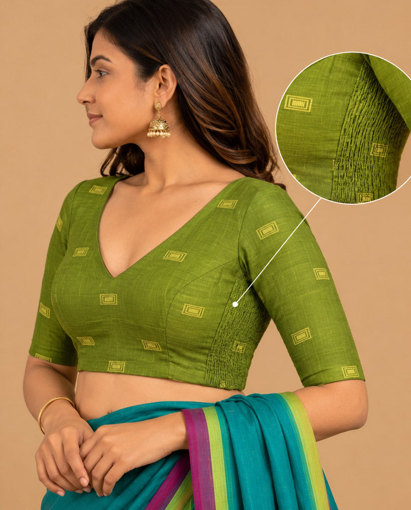2-in-1 Reversible Stretchable V-Neck Art Silk & Cotton Blouse with Elbow Sleeves - Olive & Purple