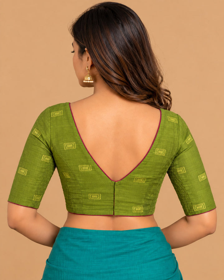 2-in-1 Reversible Stretchable V-Neck Art Silk & Cotton Blouse with Elbow Sleeves - Olive & Purple