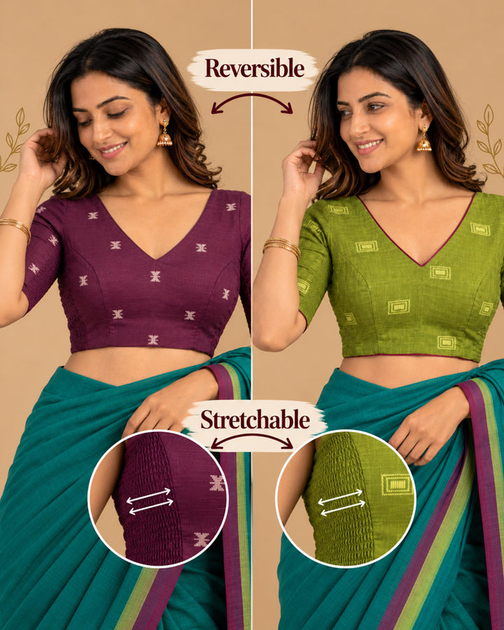 2-in-1 Reversible Stretchable V-Neck Art Silk & Cotton Blouse with Elbow Sleeves - Olive & Purple