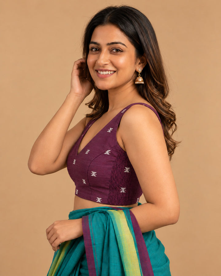 2-in-1 Reversible Stretchable V-Neck Sleeveless Art Silk & Cotton Blouse - Olive & Purple