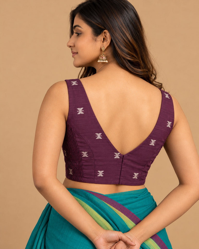 2-in-1 Reversible Stretchable V-Neck Sleeveless Art Silk & Cotton Blouse - Olive & Purple