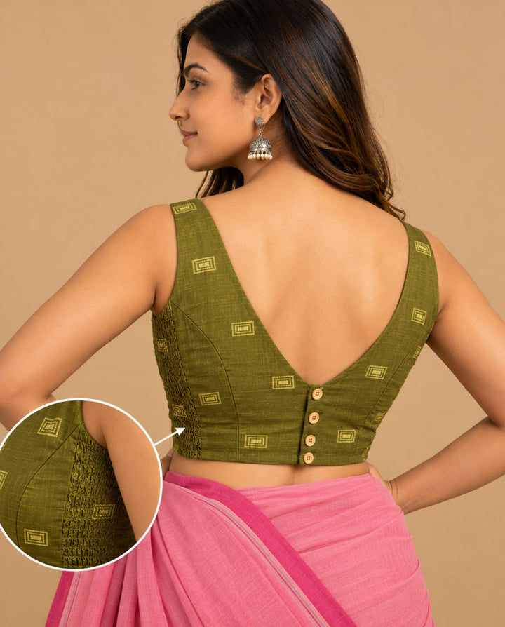 2-in-1 Reversible Stretchable V-Neck Sleeveless Art Silk & Cotton Blouse - Olive & Purple