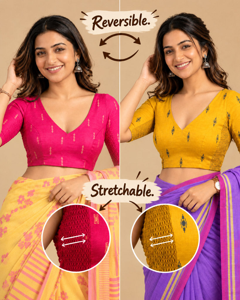 2-in-1 Reversible Stretchable V-Neck Art Silk & Cotton Blouse with Elbow Sleeves - Pink & Mustard