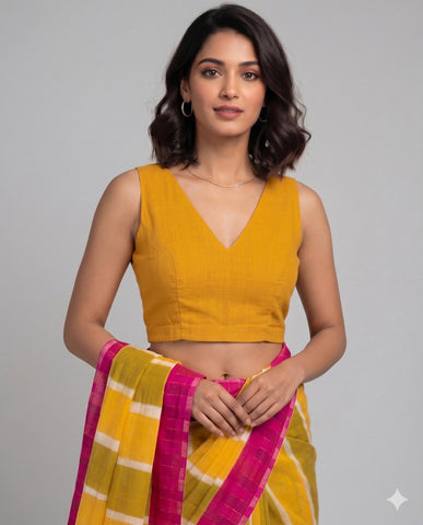 Mustard Cotton V neck Readymade Sleeveless Blouse