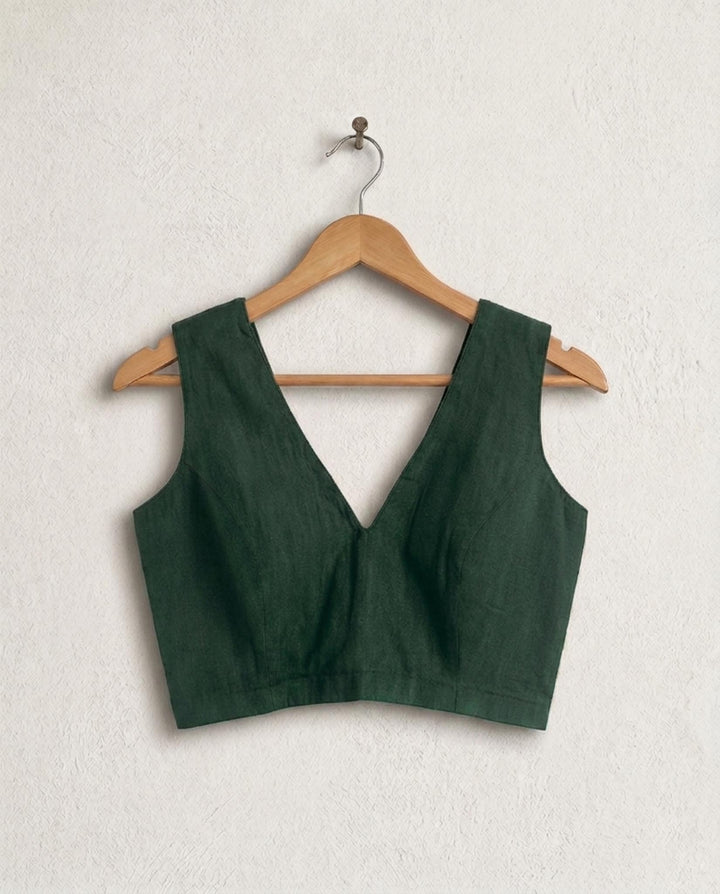 Dark Green Cotton V neck Readymade Sleeveless Blouse