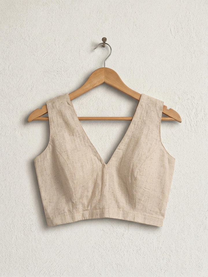 Off White Cotton V neck Readymade Sleeveless Blouse