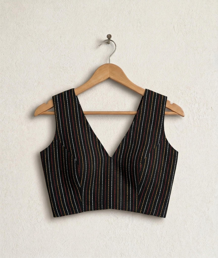 Kantha V neck Readymade Sleeveless Blouse - Black