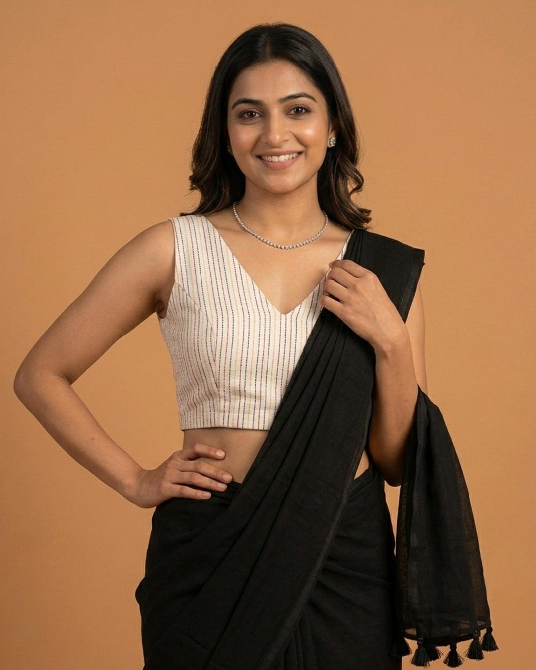 Kantha V neck Readymade Sleeveless Blouse - Black