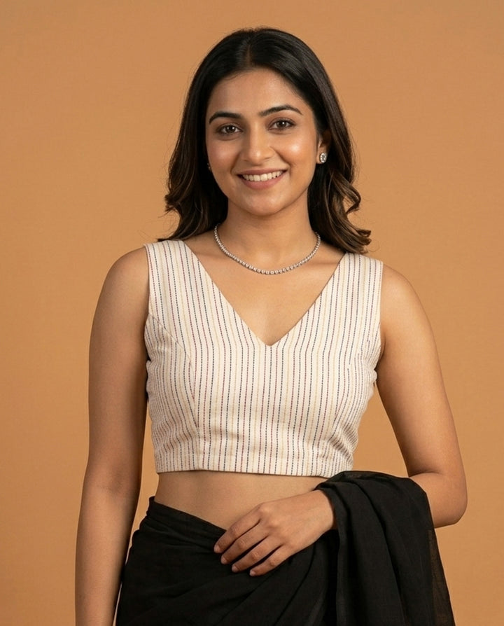 Kantha V neck Readymade Sleeveless Blouse - Black