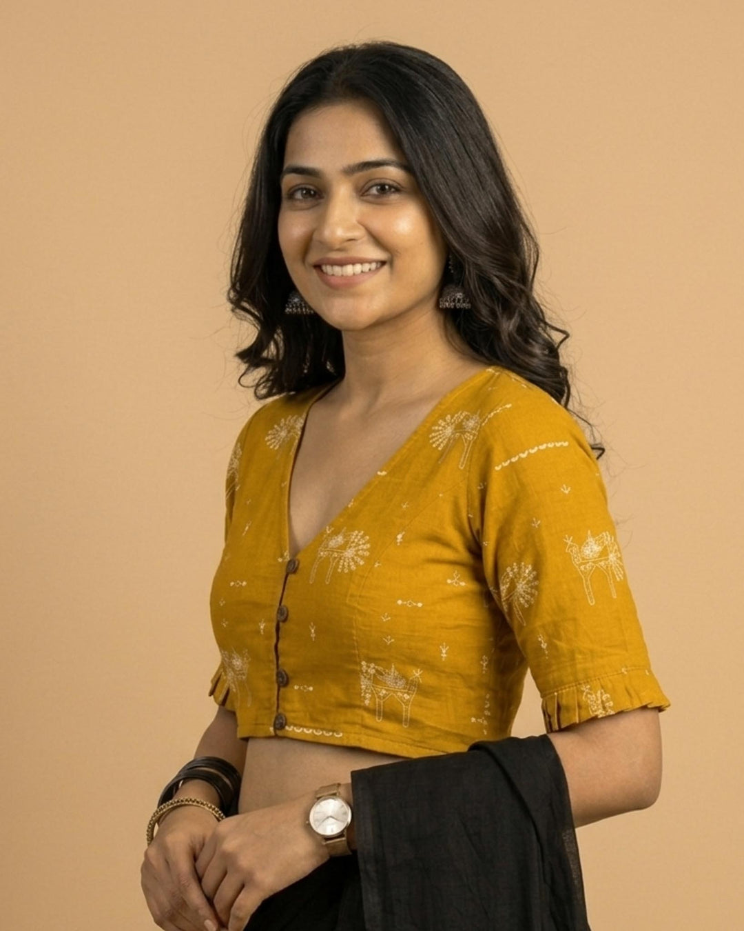 9AM button down blouse with elbow sleeve - Mustard Blockprint