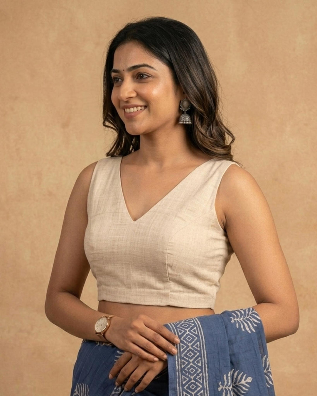 Off White Cotton V neck Readymade Sleeveless Blouse