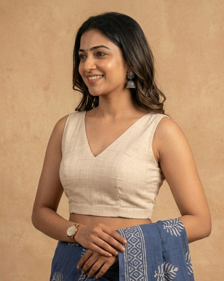 Off White Cotton V neck Readymade Sleeveless Blouse