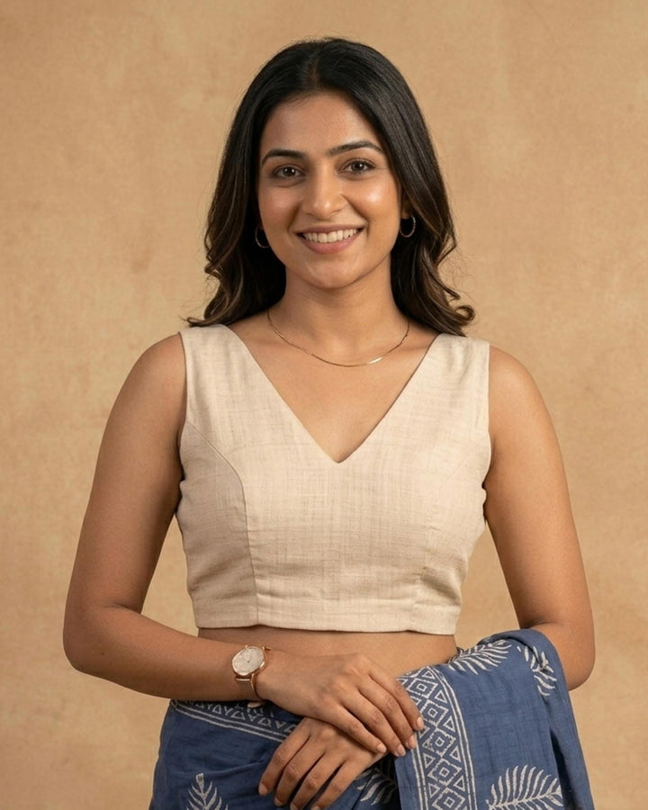 Off White Cotton V neck Readymade Sleeveless Blouse