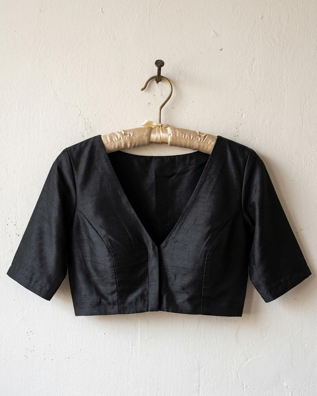 Sangini V neck Art Silk Blouse with Elbow Sleeves - Black
