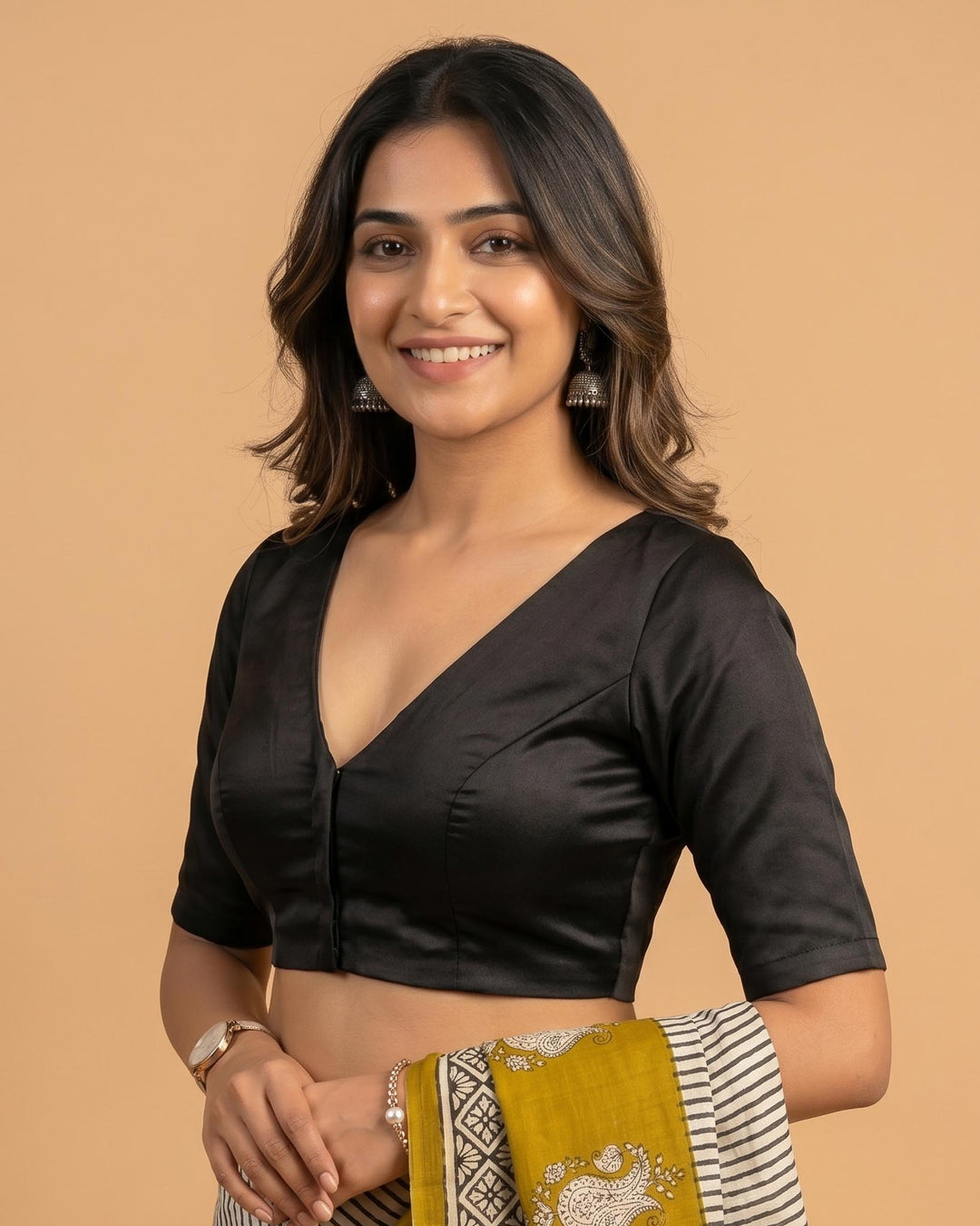 Sangini V neck Art Silk Blouse with Elbow Sleeves - Black