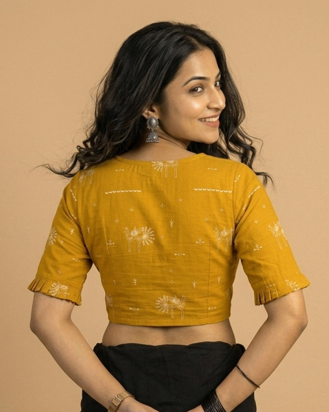9AM button down blouse with elbow sleeve - Mustard Blockprint