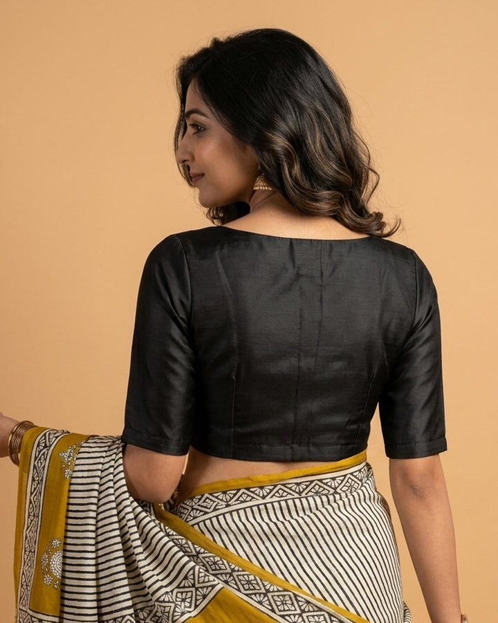 Sangini V neck Art Silk Blouse with Elbow Sleeves - Black