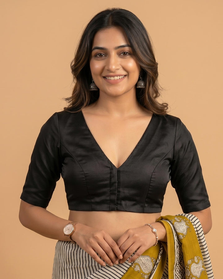 Sangini V neck Art Silk Blouse with Elbow Sleeves - Black
