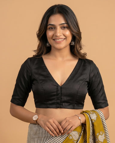 Sangini V neck Art Silk Blouse with Elbow Sleeves - Black