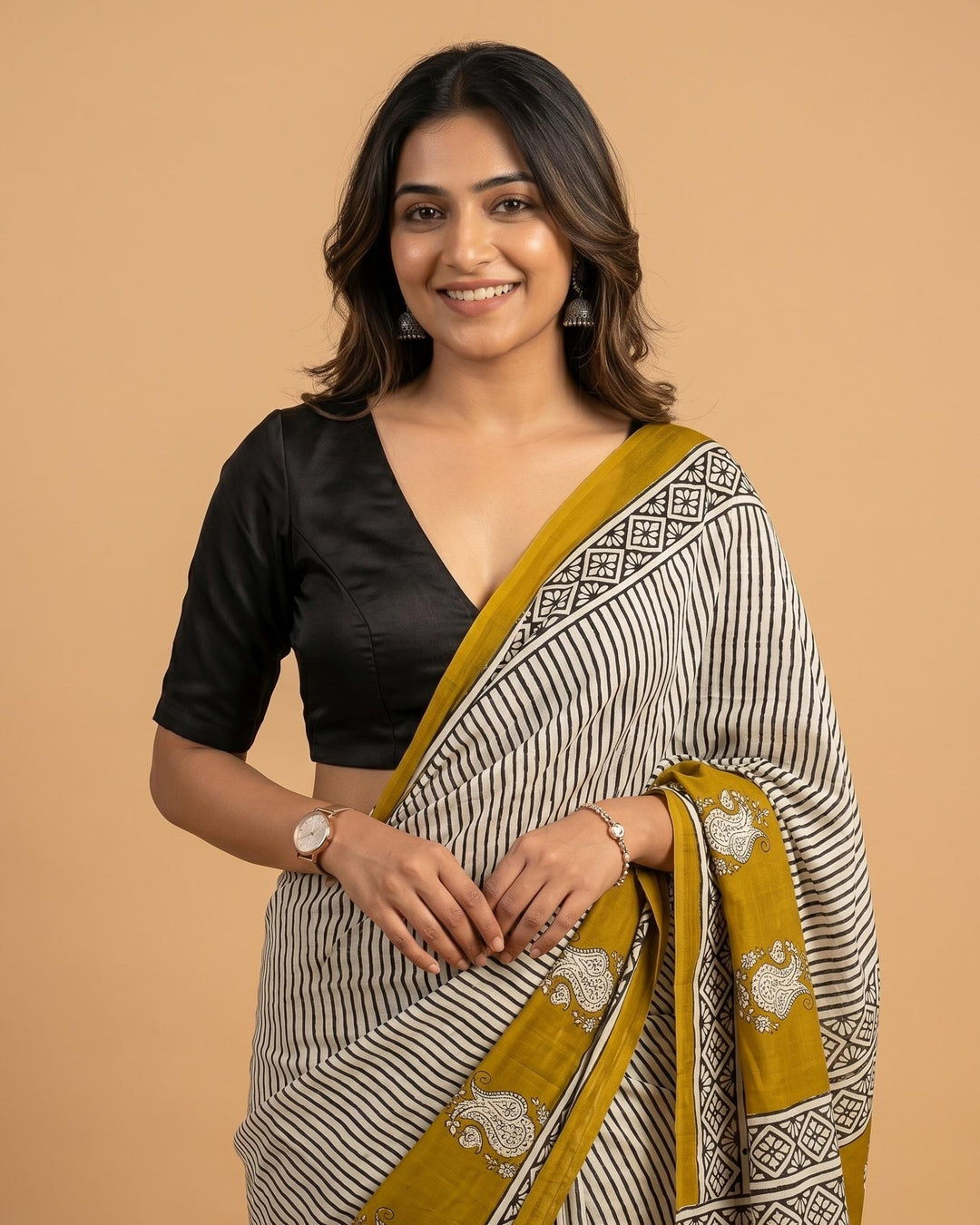 Sangini V neck Art Silk Blouse with Elbow Sleeves - Black