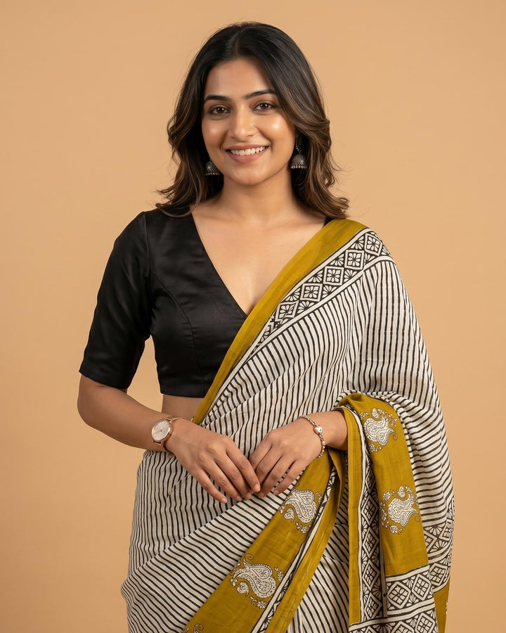 Sangini V neck Art Silk Blouse with Elbow Sleeves - Black