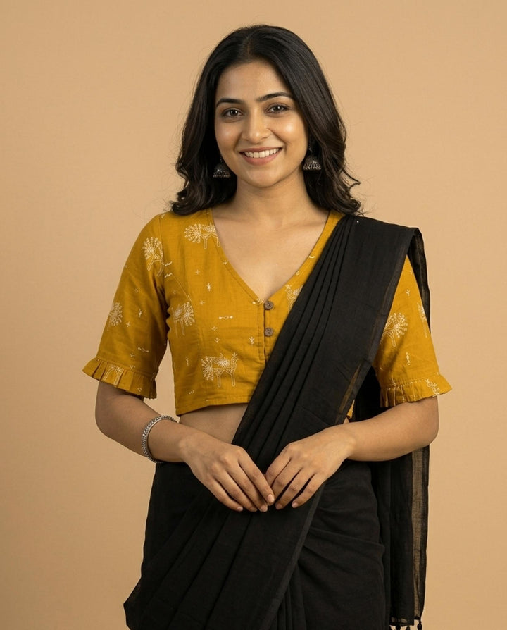 9AM button down blouse with elbow sleeve - Mustard Blockprint