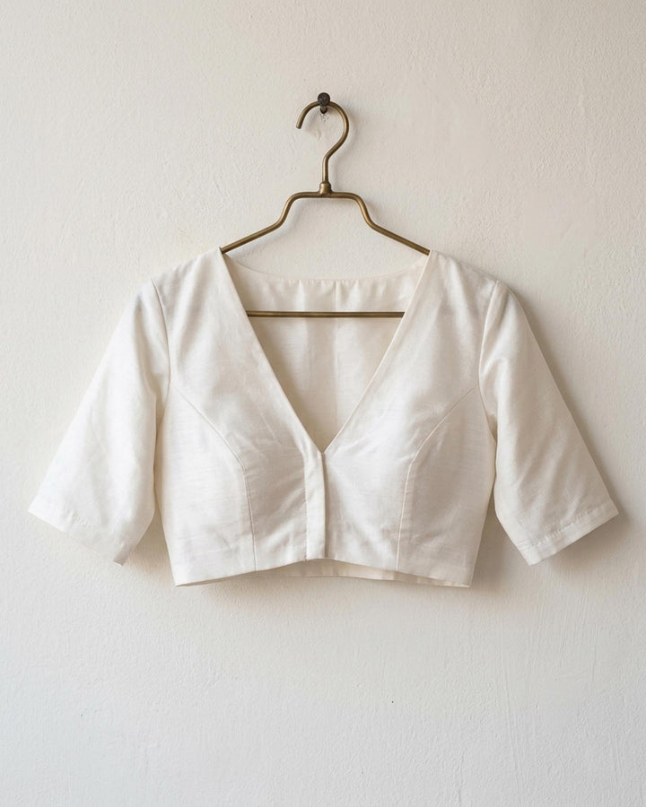 Sangini V neck Art Silk Blouse with Elbow Sleeves - White