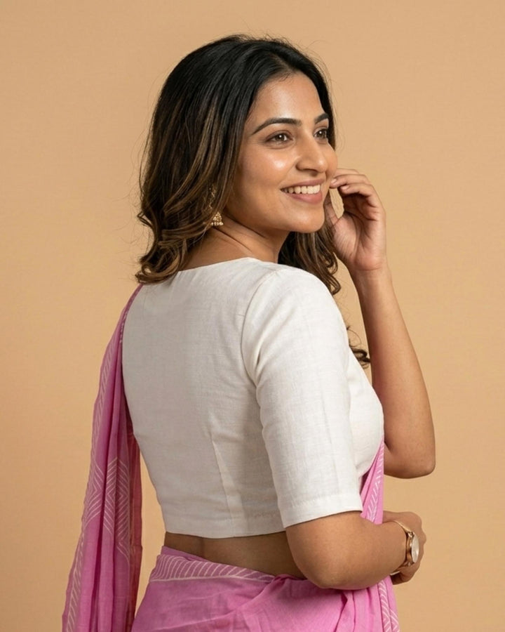 Sangini V neck Art Silk Blouse with Elbow Sleeves - White