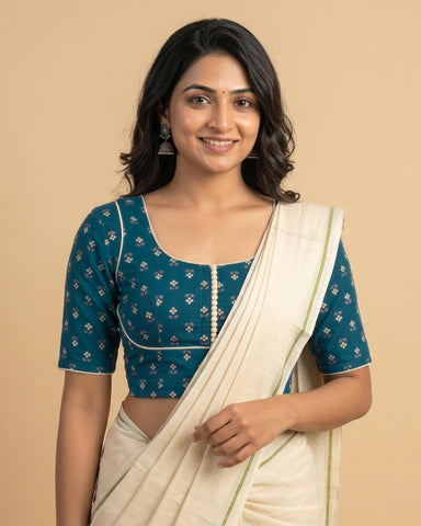 Rekha Cotton Blouse Blue with contrast piping