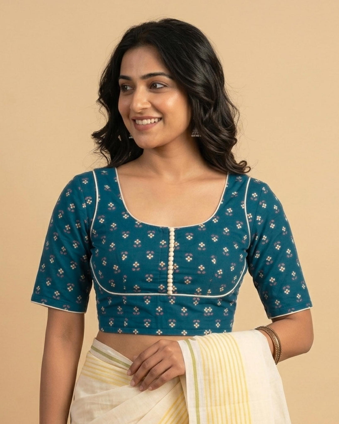 Rekha Cotton Blouse Blue with contrast piping
