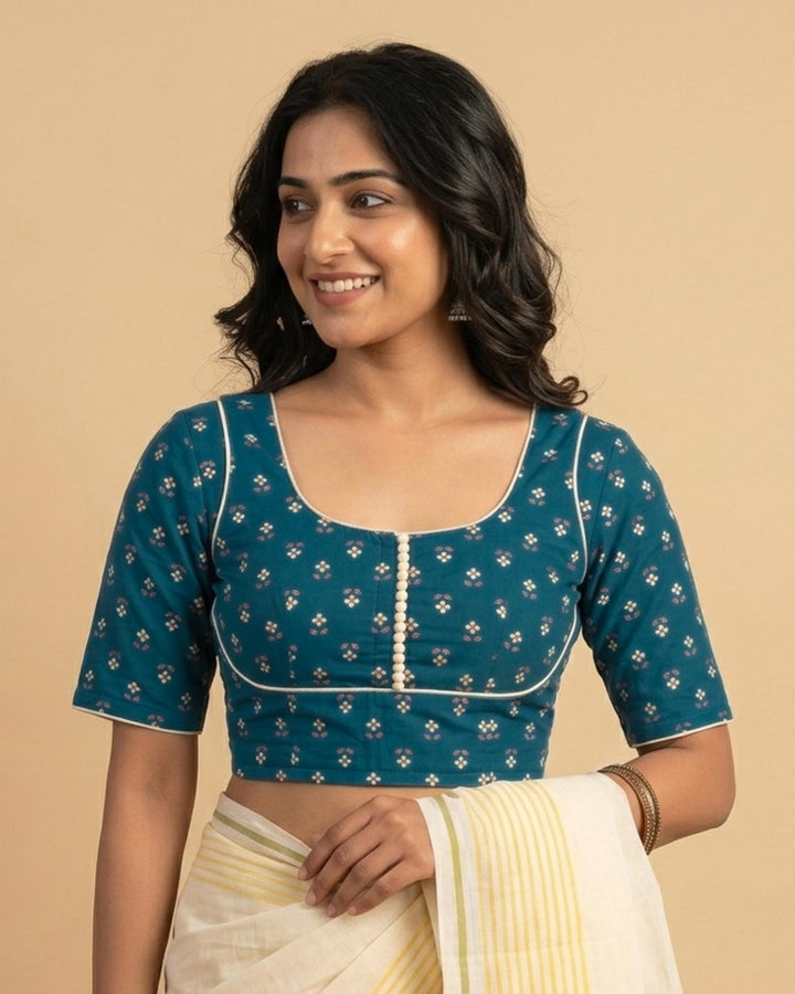 Rekha Cotton Blouse Blue with contrast piping