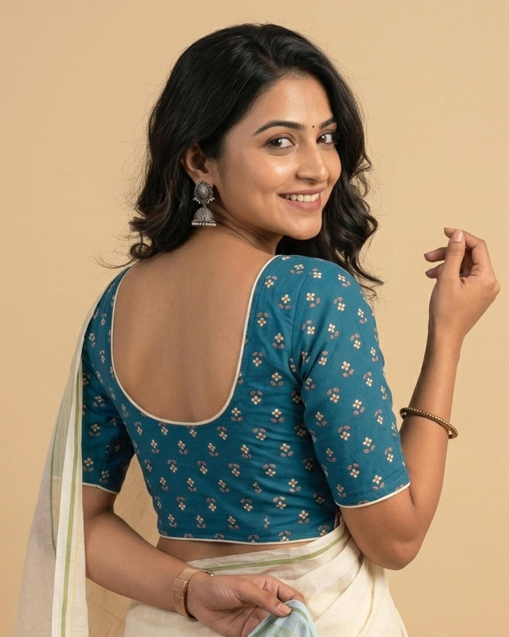 Rekha Cotton Blouse Blue with contrast piping