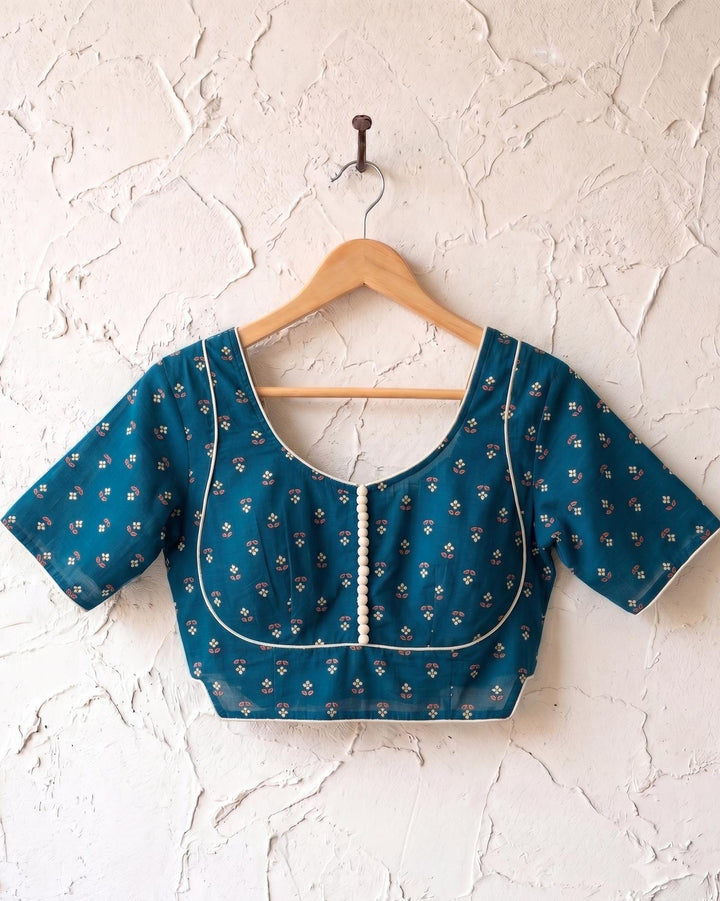 Rekha Cotton Blouse Blue with contrast piping