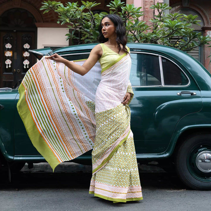 Song of City - Mul Cotton Hand Block Printed Saree