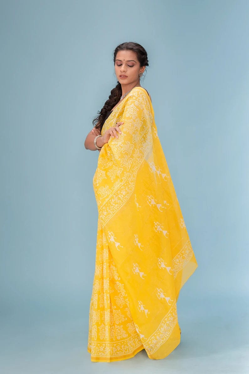 Moora Saree | Yellow | Hand Block Printed | Chanderi Cotton Silk | Sunehri Dhoop - Moora