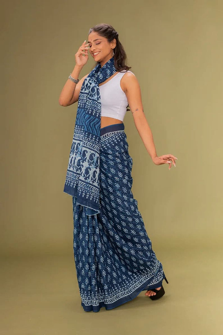 Moora Saree | Indigo Neelam | Hand Block Print Natural Dyed | Mulmul Cotton - Moora