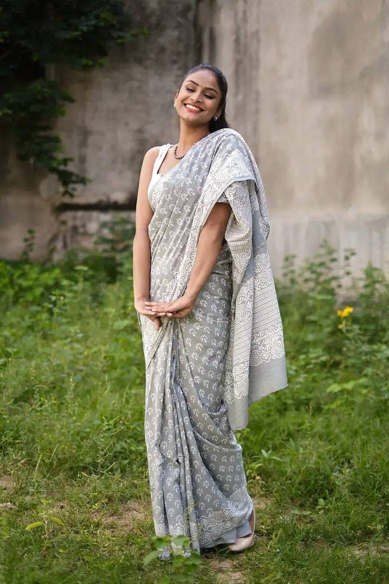 Postcard from Poona - Light Grey Block Print Mulmul Cotton Bagru Saree - Moora