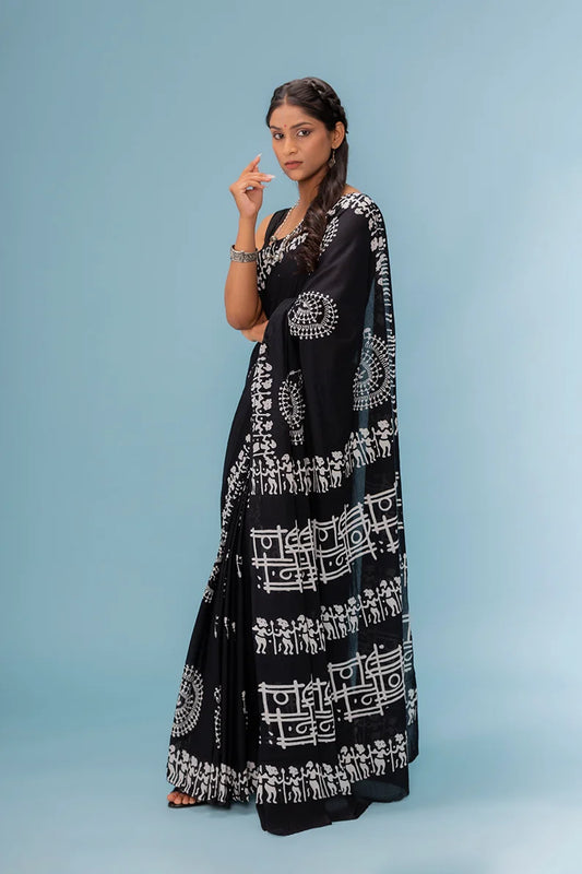 Moora Saree | Black | Hand Block Warli Print Natural Dyed | Mulmul Cotton | Qabila - Moora