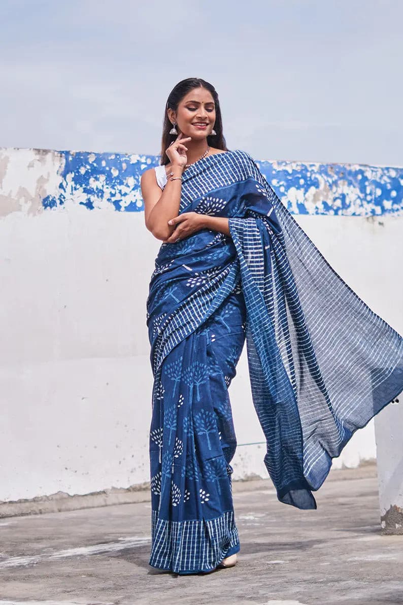 Indigo Spells - Dabu Hand Block Print Mulmul Cotton Bagru Saree - Moora