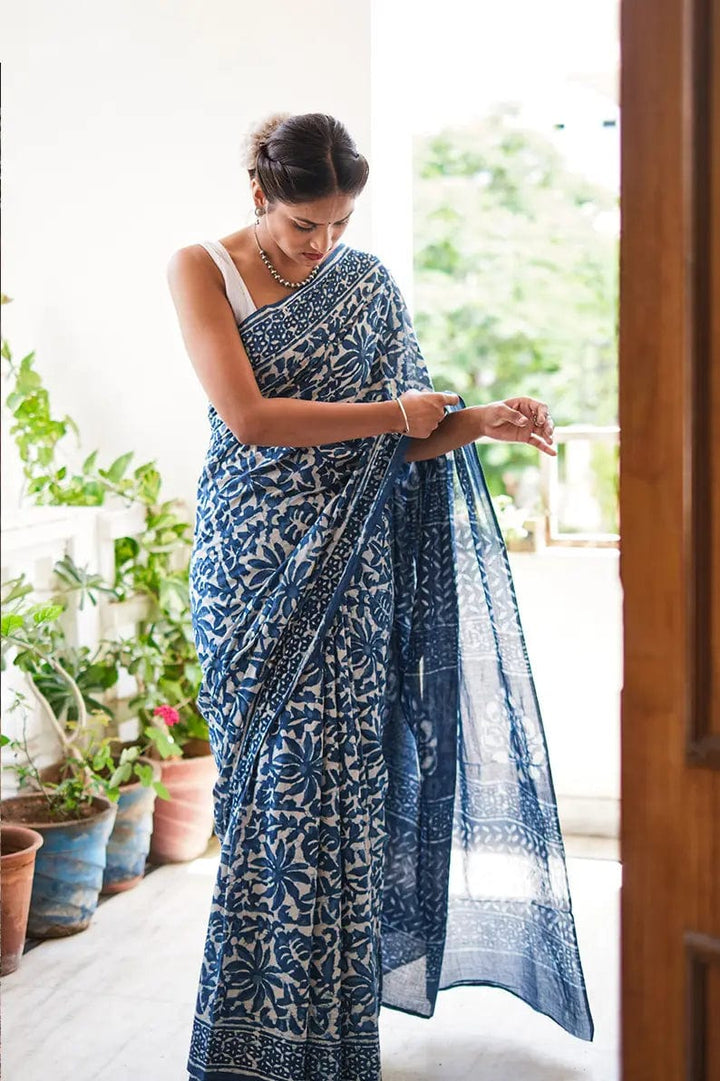 Take me back to Benaras - Indigo Dabu Hand Block Printed Mulmul Cotton Bagru Saree