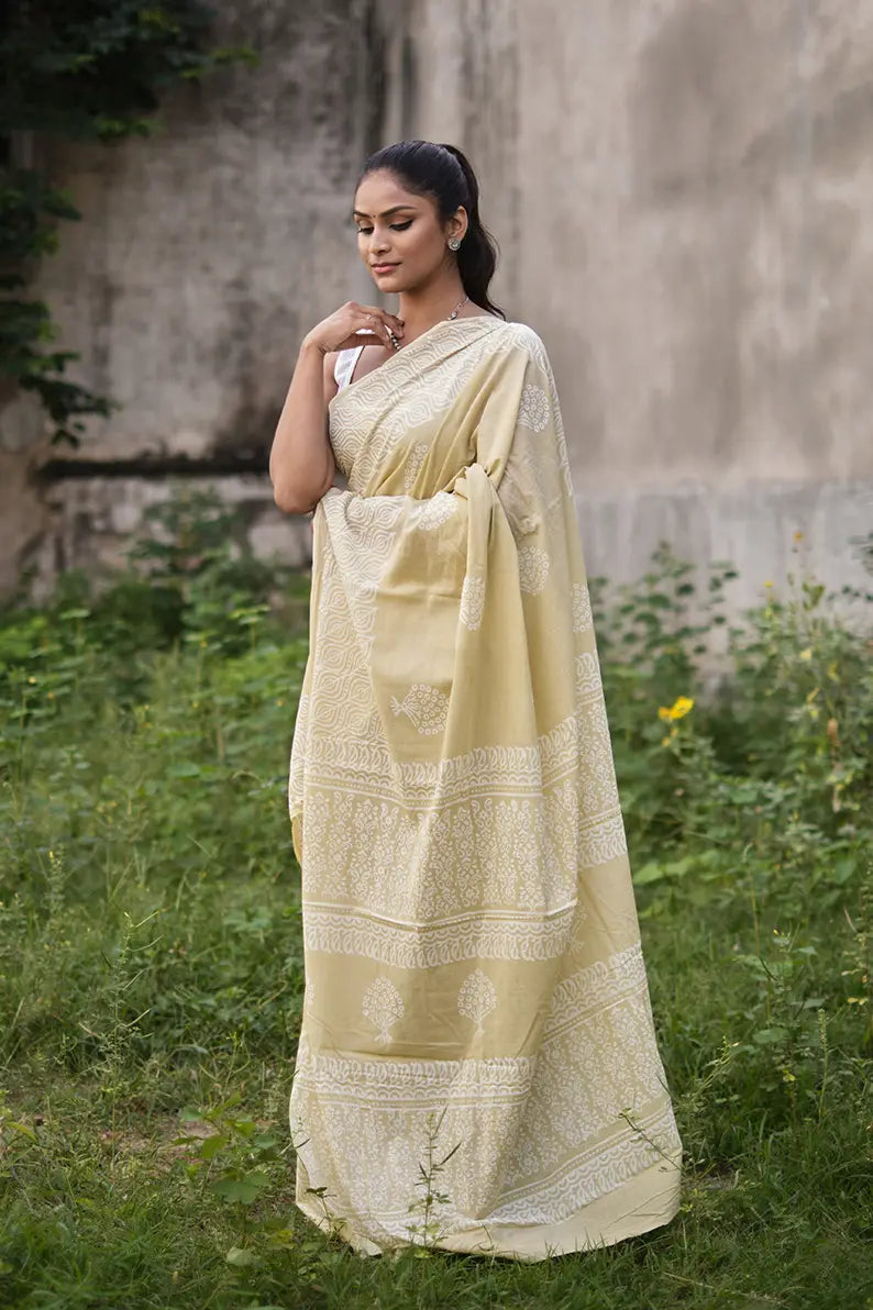 Afternoon in Calicut - Cream Yellow Hand Block Print Mulmul Cotton Bagru Saree - Moora