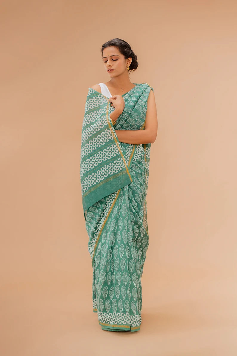 Moora Saree | Green | Hand Block Printed | Chanderi Cotton Silk | Sage Affair - Moora
