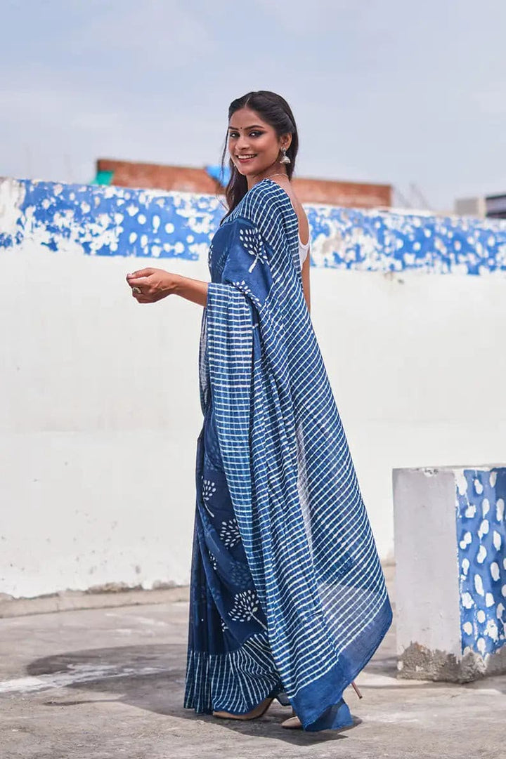 Indigo Spells - Dabu Hand Block Print Mulmul Cotton Bagru Saree - Moora