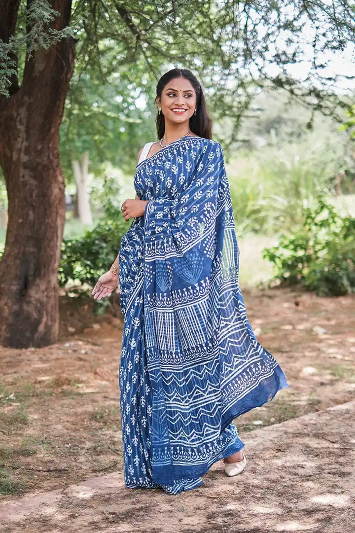 Mystic Mysore - Indigo Dabu Hand Block Print Mulmul Cotton Bagru Saree - Moora