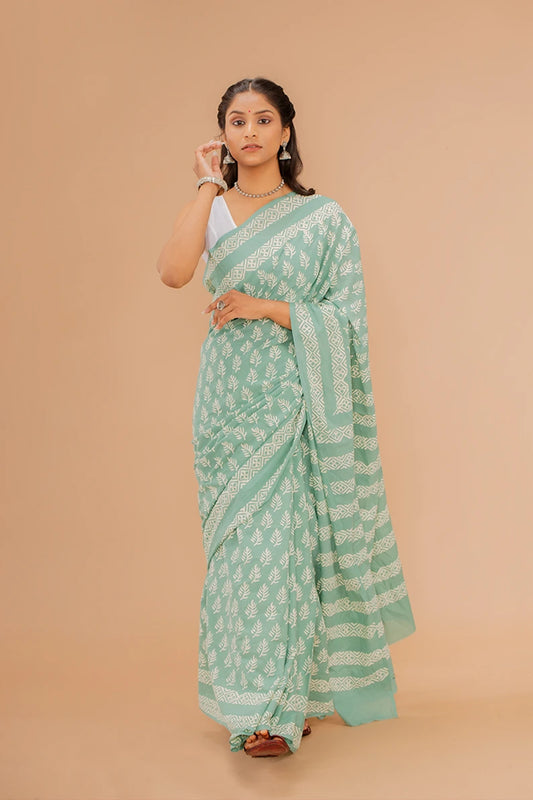Moora Saree | Mint Green | Hand Block Printed | Mulmul Cotton - Moora