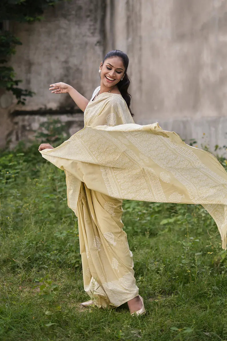 Afternoon in Calicut - Cream Yellow Hand Block Print Mulmul Cotton Bagru Saree - Moora