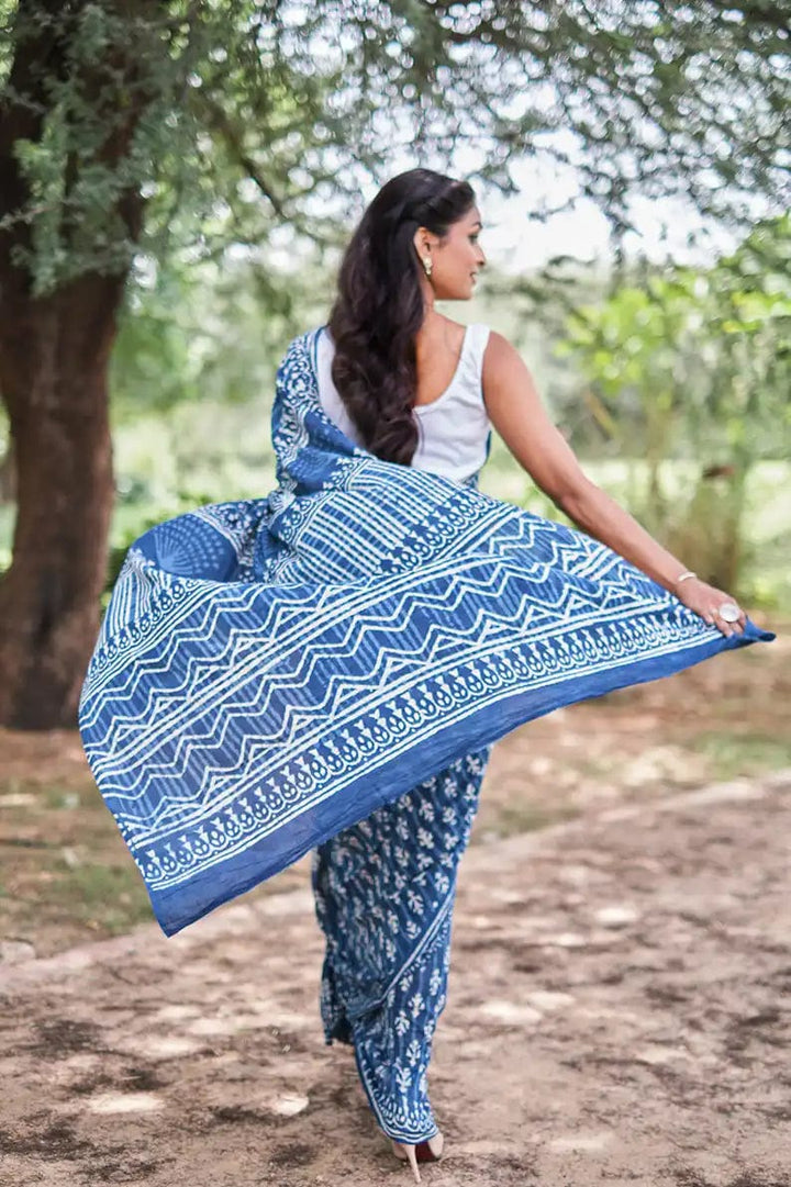 Mystic Mysore - Indigo Dabu Hand Block Print Mulmul Cotton Bagru Saree - Moora