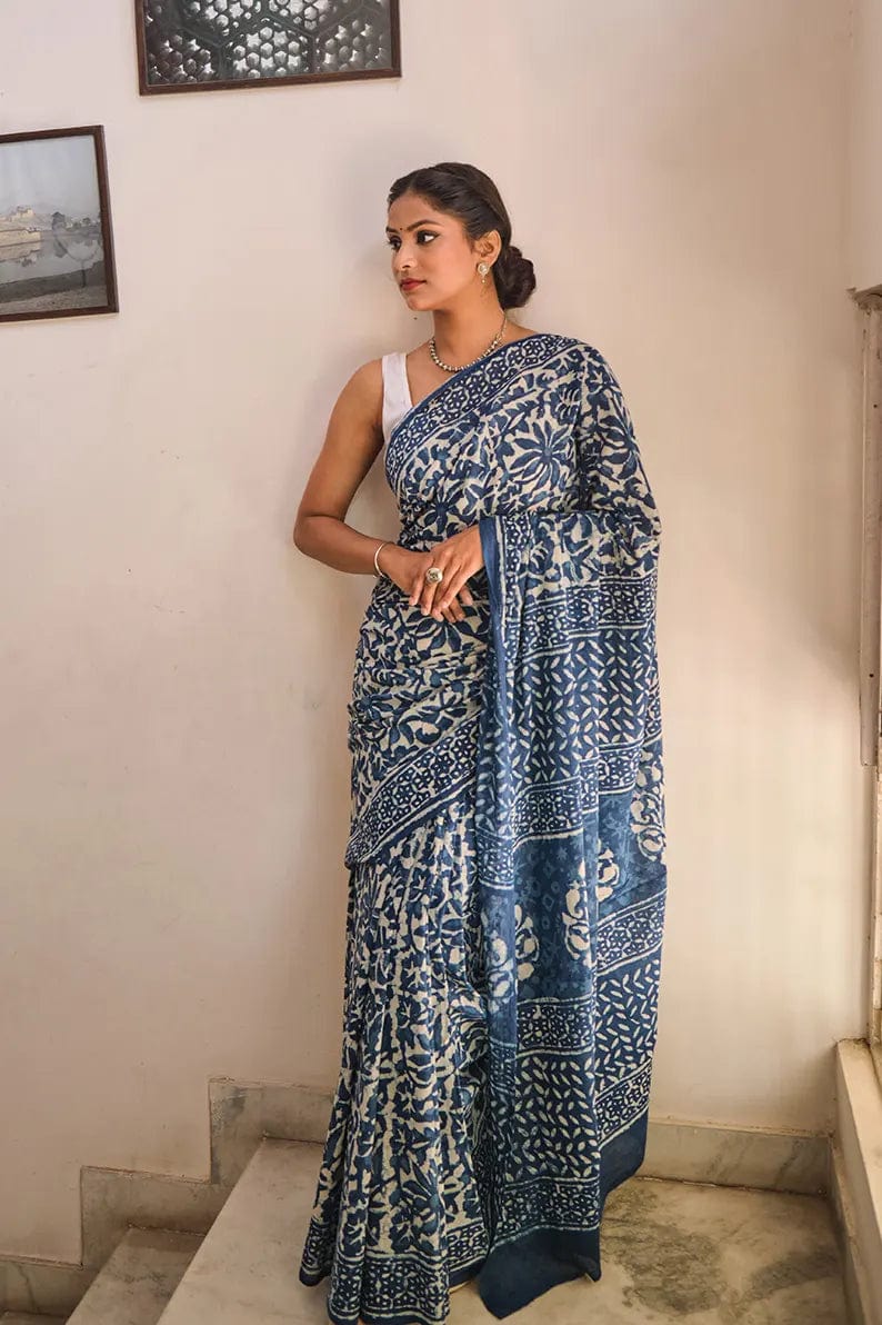 Take me back to Benaras - Indigo Dabu Hand Block Printed Mulmul Cotton Bagru Saree - Moora