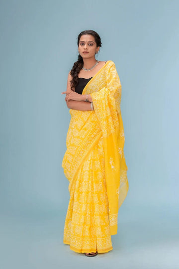 Moora Saree | Yellow | Hand Block Printed | Chanderi Cotton Silk | Sunehri Dhoop - Moora